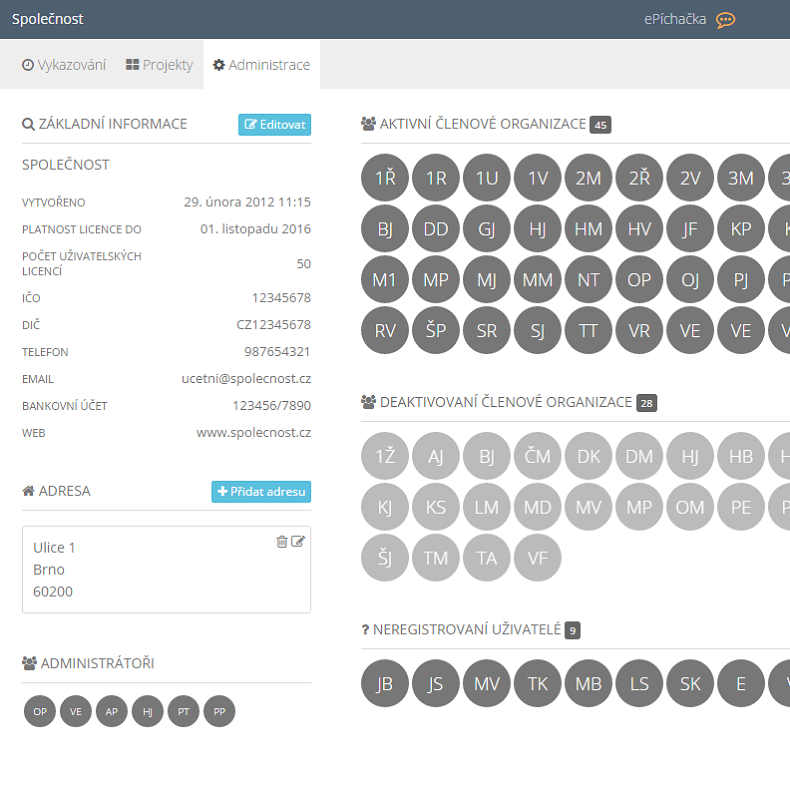 Administrace se správou uživatelů a organizace